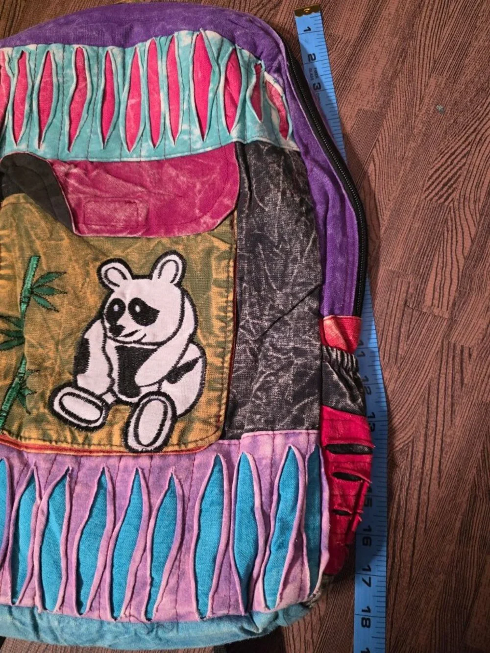 Handmade Multicolor Cotton Backpack With Panda Embroidery 18